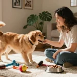 Engaging pet care scene showing rokok88 advice in action with a happy dog and owner