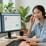 Atención al cliente de telefono etb en oficina moderna con representante amable.