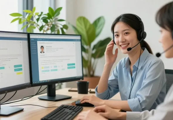 Atención al cliente de telefono etb en oficina moderna con representante amable.