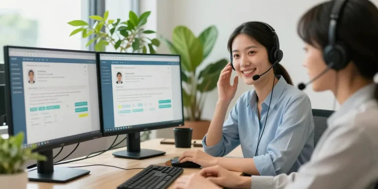 Atención al cliente de telefono etb en oficina moderna con representante amable.